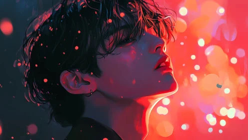 Side profile portrait in red and blue bokeh illumination