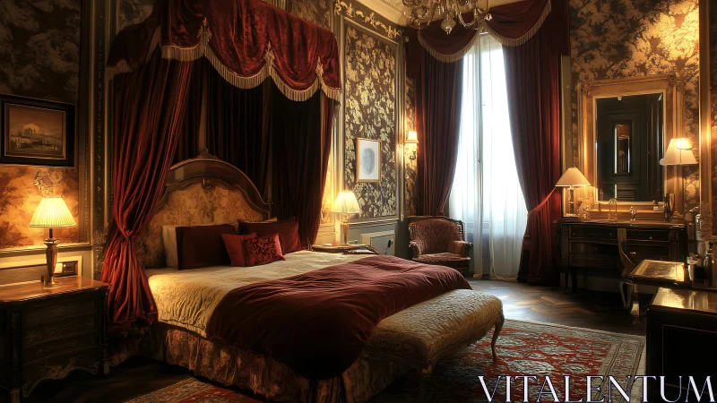 Luxurious baroque bedroom with canopy bed and rich drapery.