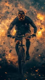 Dynamic cyclist portrait in cinematic fireburst composition.