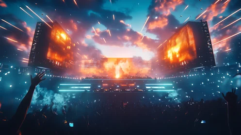 Stadium skyfire rave under neon thunderclouds of sound.