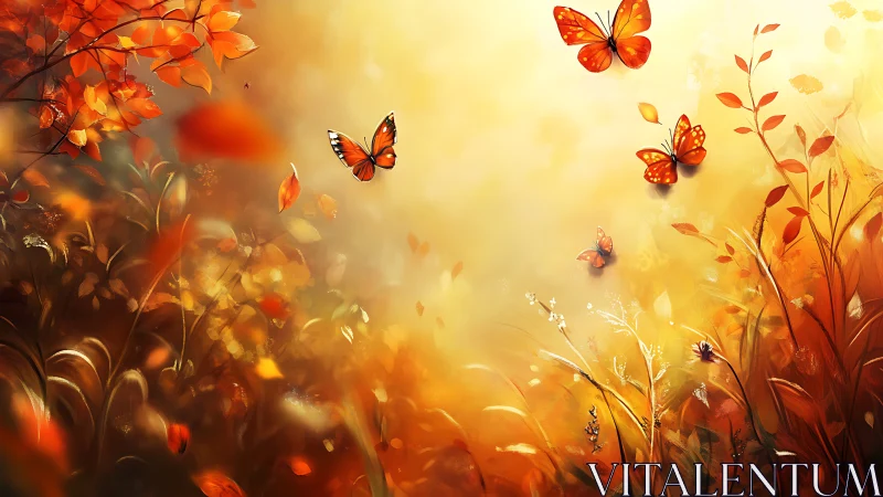 Orange butterflies over sunlit autumn foliage field.