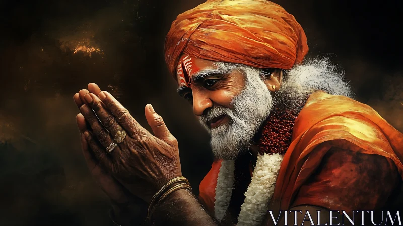 Textured digital portrait of elderly sage in folded-hands gesture.