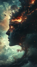 Cosmic elemental face merging cloud, fire, and forest forms.