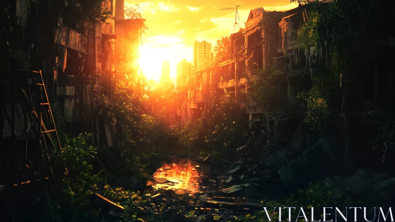 Post-apocalyptic urban ravine at sunset, digital painting study.