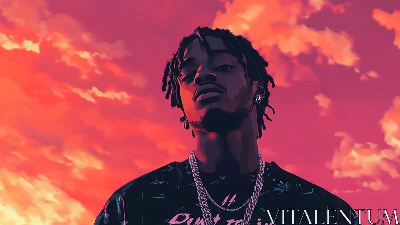 Stylized portrait of confident man against vivid sunset sky.