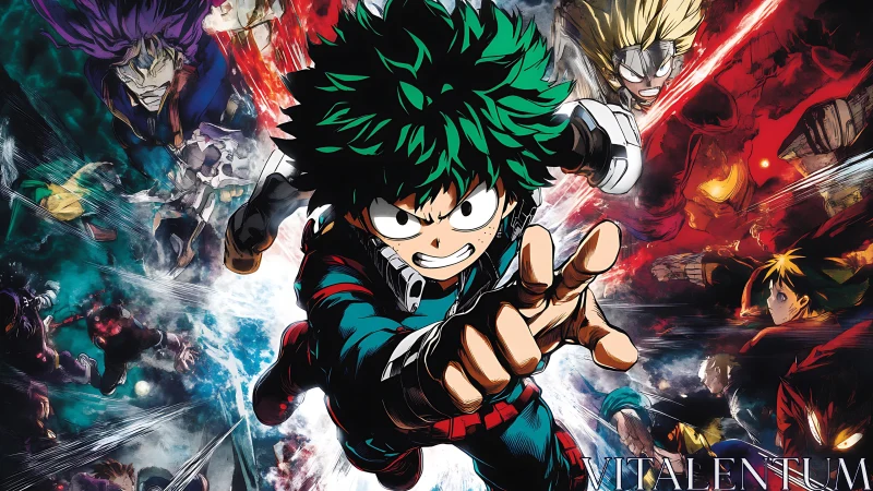 Green haired anime hero lunges forward amid chaotic battle