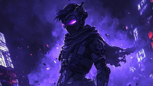 Neon-occluded cyber operative in violet particulate bloom.