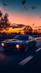 Midnight muscle car streaking through ember city dusk.