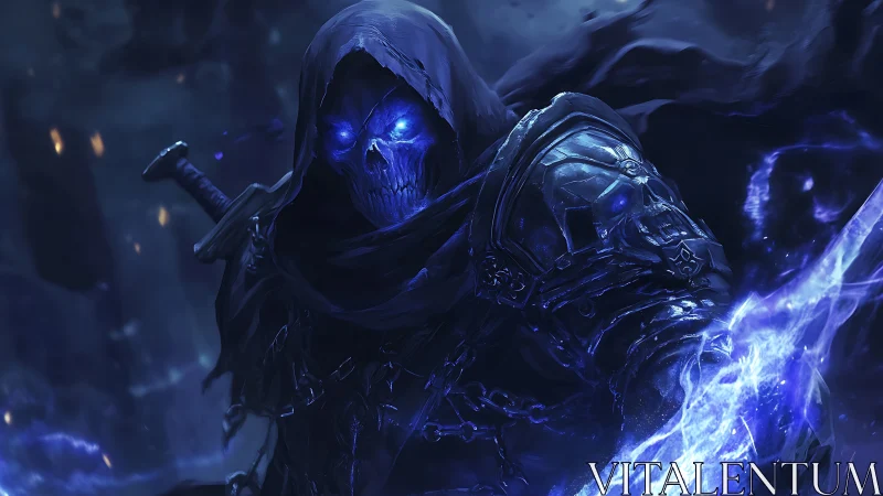 Hooded death knight channels blue spectral energy in storm