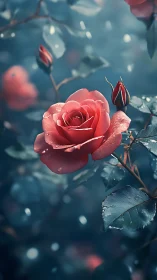 Crimson Bloom Catches Morning Dewdrops Against Moody Blue