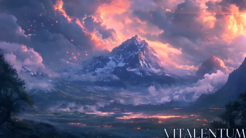 Mountain landscape under illuminated cloud-filled sky.