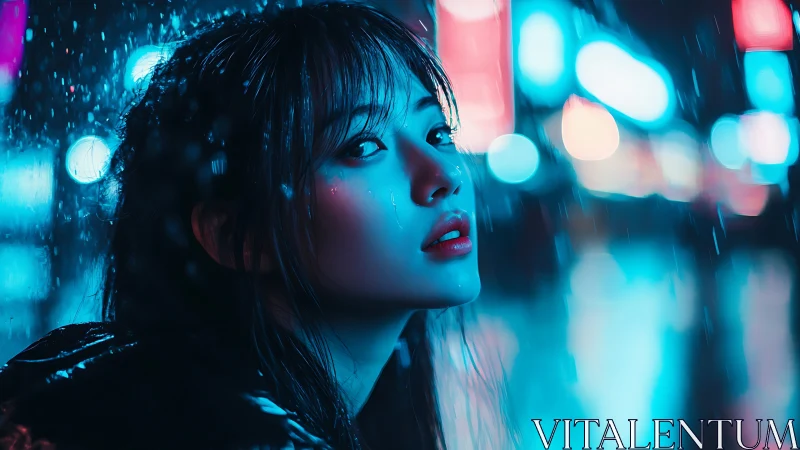 Neon rain reflections with a quiet, contemplative gaze.