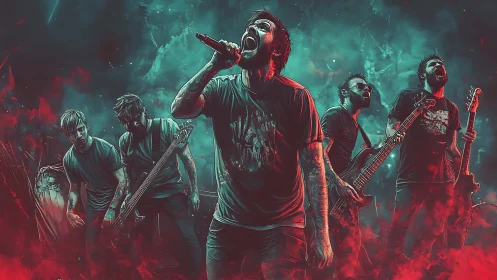 Rock band explodes on stage in fiery teal and red haze