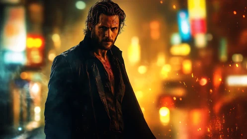 Cinematic neon-noir portrait with bokeh-saturated city grid.