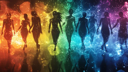 Silhouetted Figures Walking Through Vibrant Abstract Light Art.