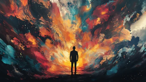 Silhouetted figure before expansive abstract color field.