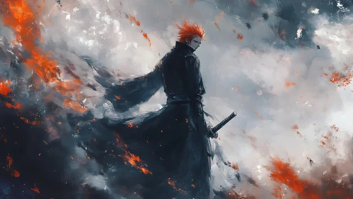 Lone swordsman amid swirling firelit storm clouds.