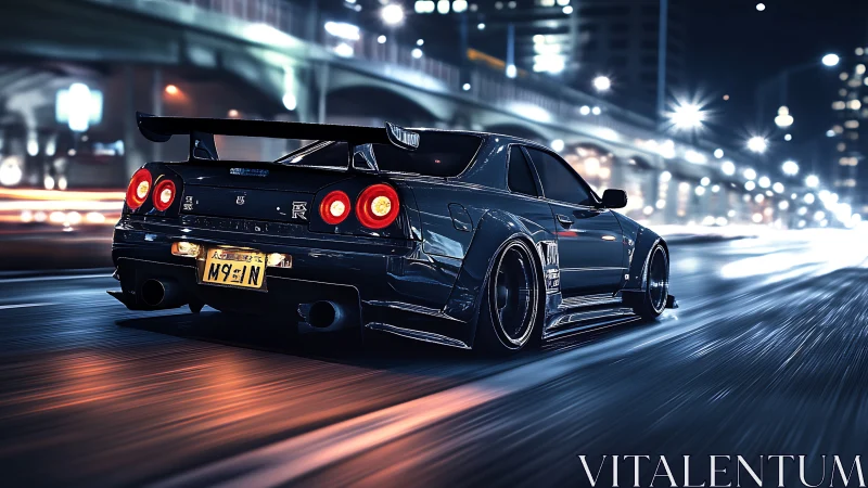 Midnight street racer sliding through neon city lights.