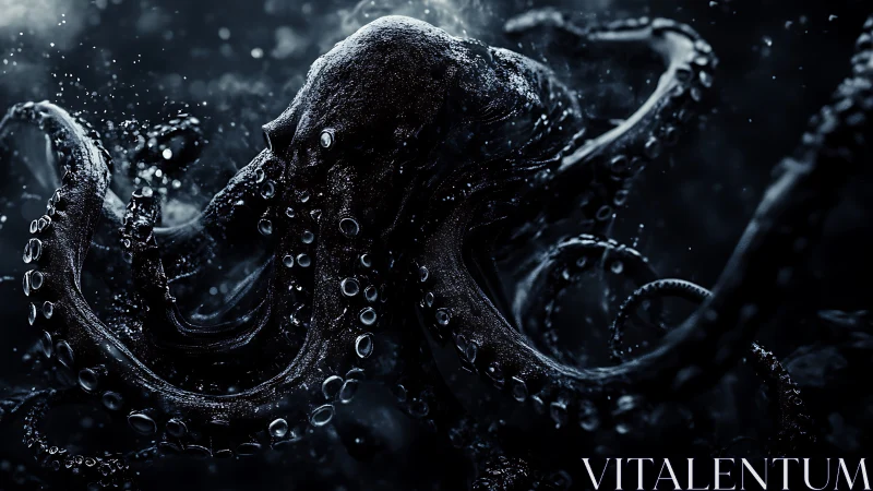 Midnight abyssal octopus unfurls in swirling ocean gloom.