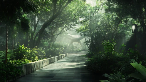 Luminous Forest Pathway with Futuristic Arch.