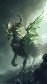 Forest-born dragon steed strides through stormlit mist.