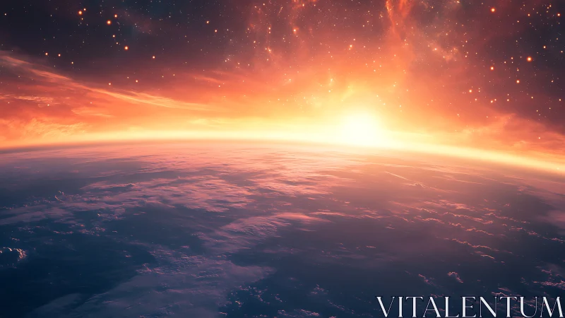 Starlit horizons cradle a molten sunrise above silent Earth