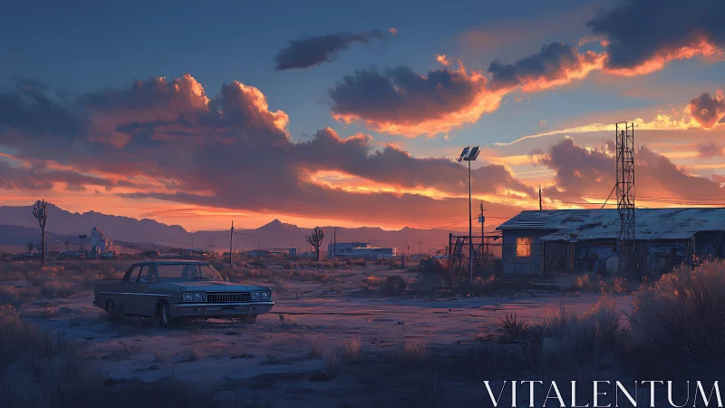 Desert sunset garage and old car in quiet evening glow.