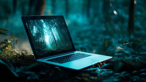 Laptop in a tranquil forest glow blending tech and nature.