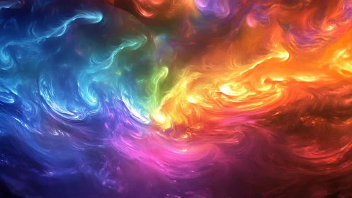 Vivid swirling nebula clouds in intense rainbow colors.