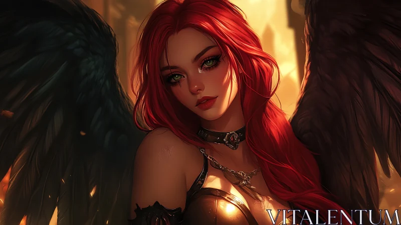 Red haired winged woman stands in warm backlit environment