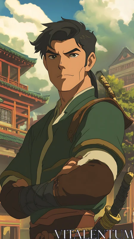 Stoic anime swordsman standing proud in a sunlit temple courtyard.