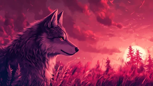 Luminous wolf profile under chromatic magenta sunset sky.