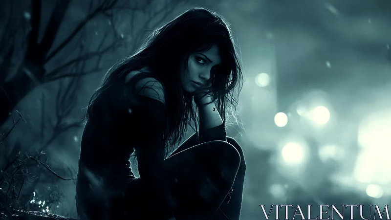 Solitary girl in moonlit forest radiates quiet melancholy