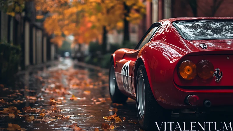 Rear-quarter view of classic red race car on wet autumn street
