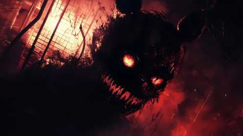 Demonic animatronic rabbit lunges through smoky red inferno