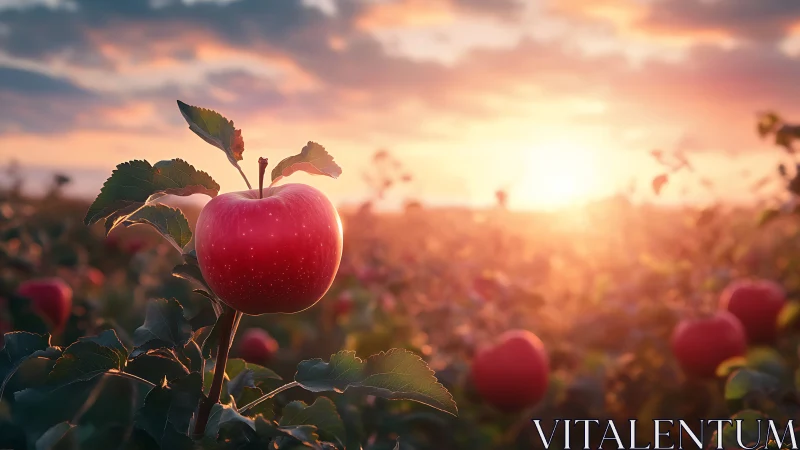Backlit orchard apple under shallow-depth sunset optics.