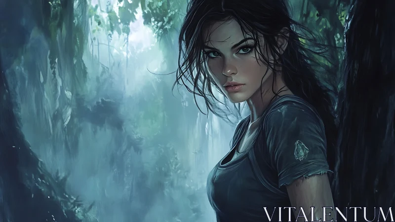 Woman standing in dense misty forest environment at dawn.