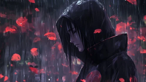 Hooded anime figure in rain with drifting red petals.