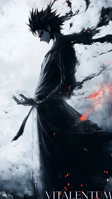 Dark robed figure with red eyes in drifting shadows.