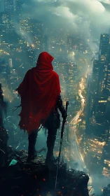 Red cloaked sentinel surveys neon-drenched dystopian megacity
