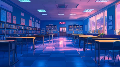 Sunlit anime library classroom glows in twilight stillness.