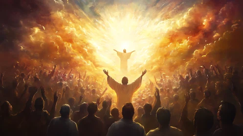 Crowd gathers under radiant heavenly figure in clouds.