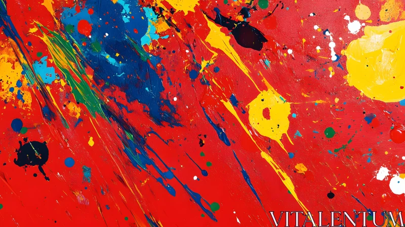 Bold Abstract Painting with Red Background and Vibrant Paint Splatters.