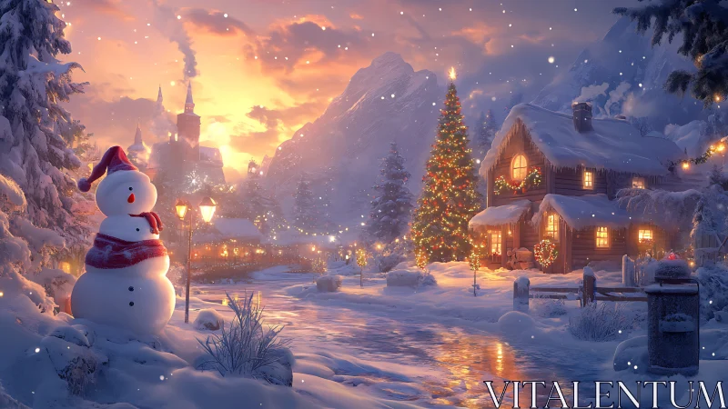 Snowlit Christmas village glowing under storybook twilight.