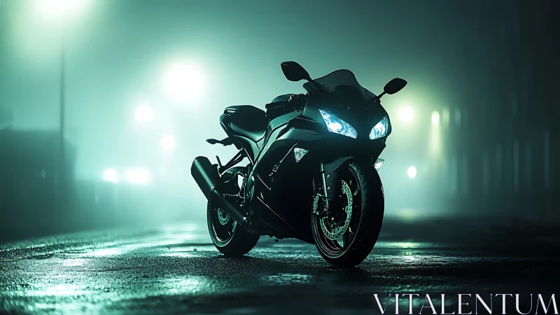 Photorealistic sportbike on wet neon street at nightfall.