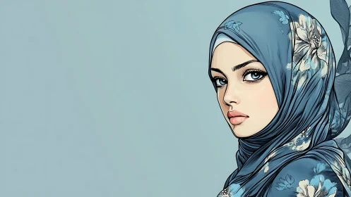 Elegant woman in floral blue hijab, digital illustration portrait.
