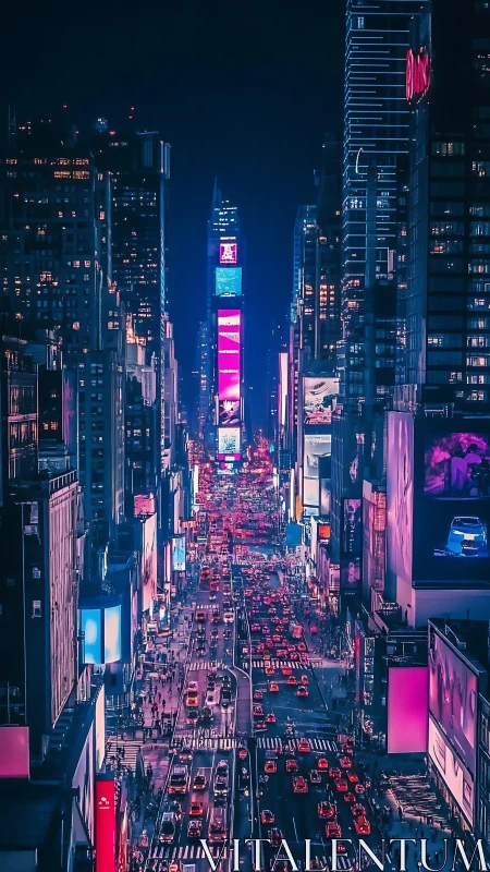 Neon city river of light flowing through midnight streets.