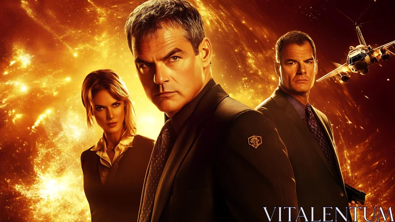 Spy team stands before explosive orange cosmic sky.