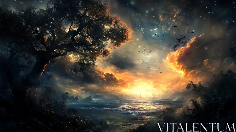 Enchanted cosmic shoreline glows beneath storm-torn skies.