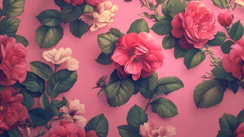 Pink roses and foliage on pink background.